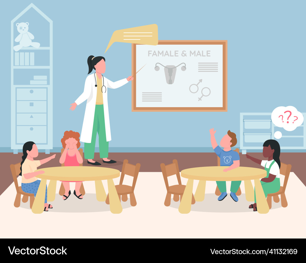 Pediatrician teaching preschool kids flat color Pediatrician teaching preschool kids flat color vector image