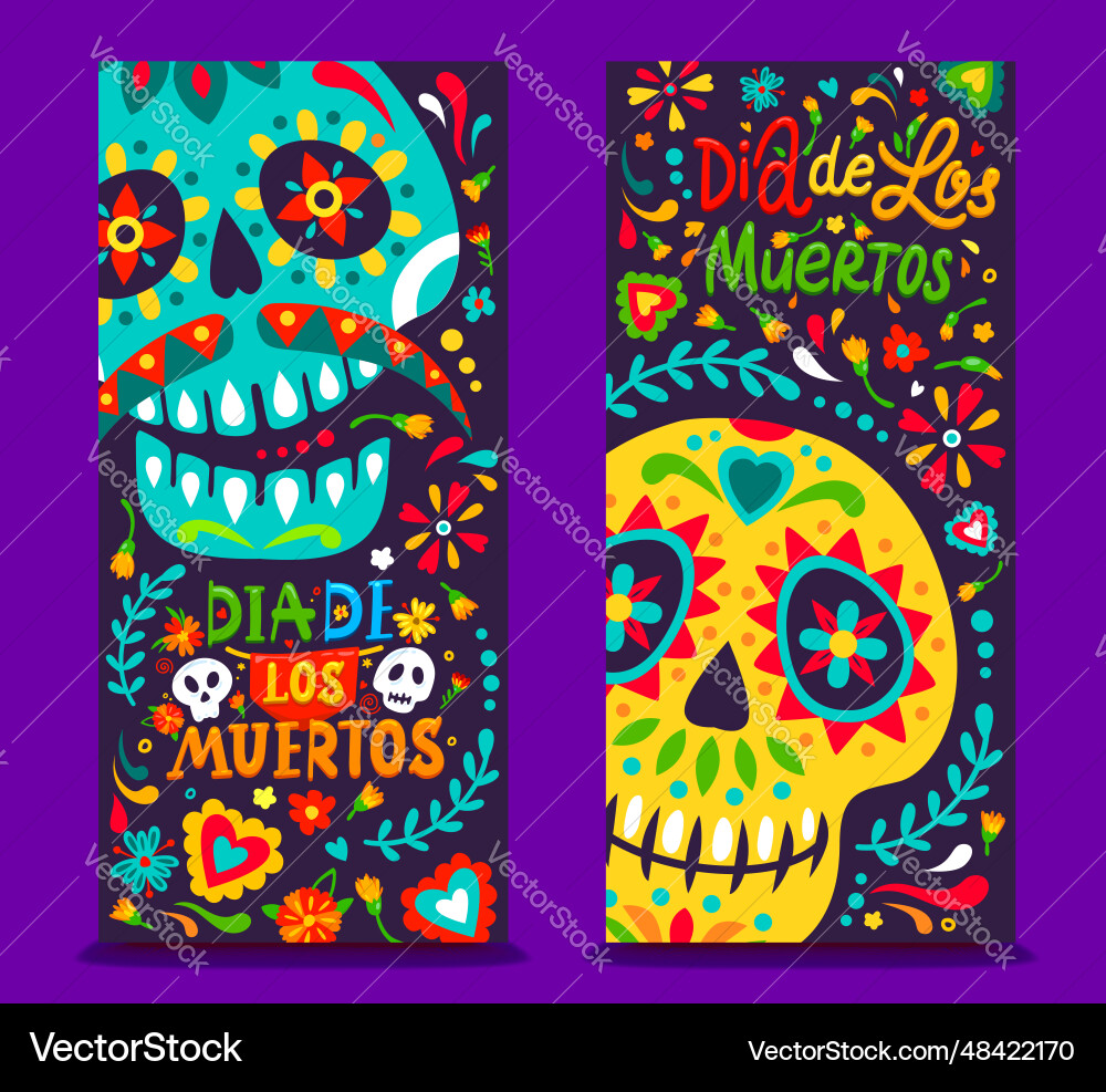 Dia de los muertos banners with flowers and skulls Dia de los muertos banners with flowers and skulls vector image