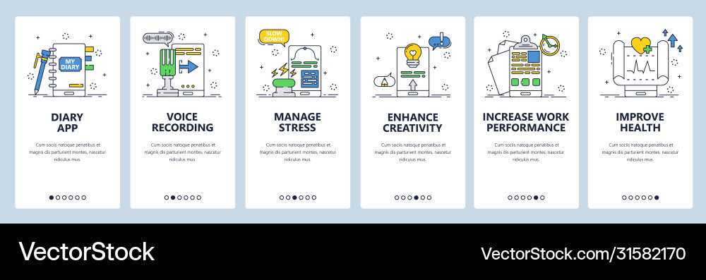 Diary website and mobile app onboarding screens Diary website and mobile app onboarding screens vector image