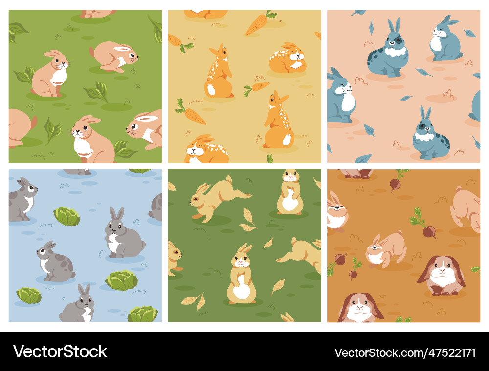 Decorative pattern set with cute rabbits character Vector Image