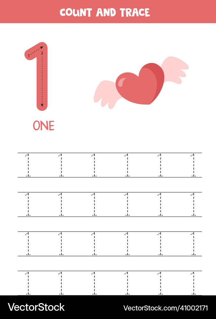 Preschool Number One Tracing Worksheet – Royalty-Free Vector | VectorStock, image size:732x1080