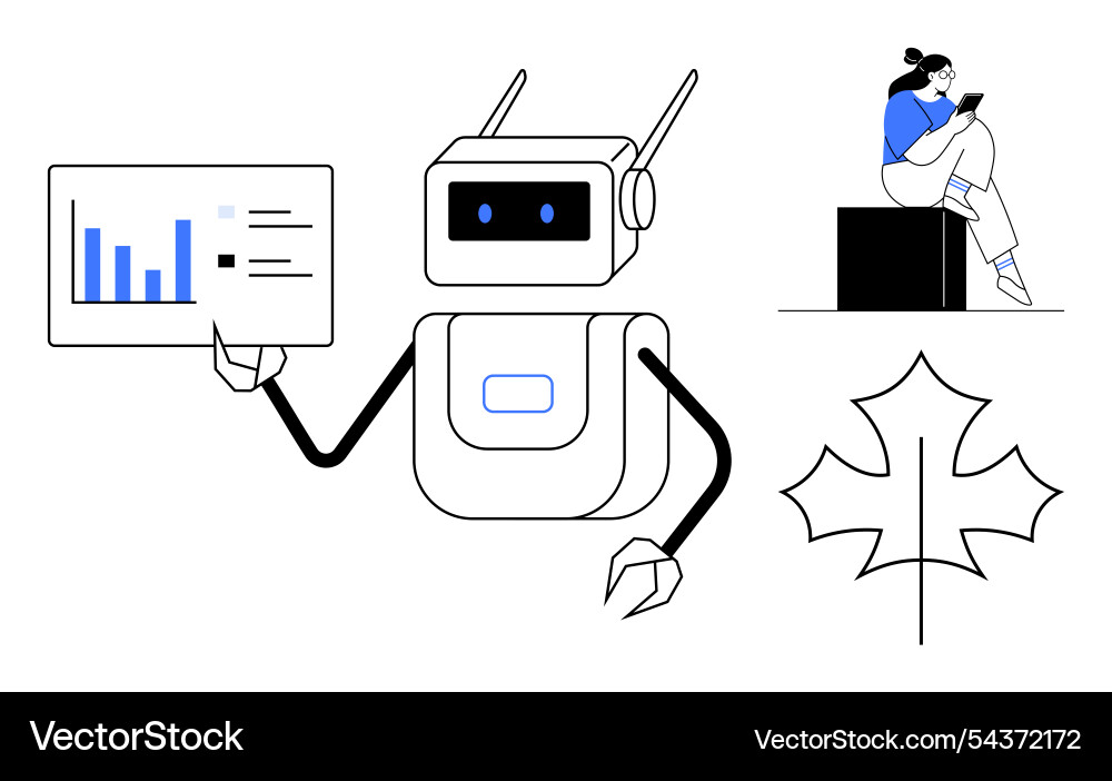 Robot presenting data analysis while person using Robot presenting data analysis while person using Vector Image