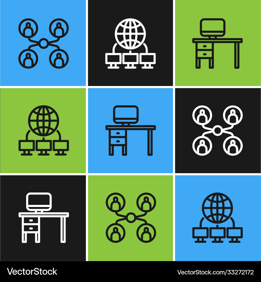 Set line online class computer monitor and desk Set line online class computer monitor and desk vector image