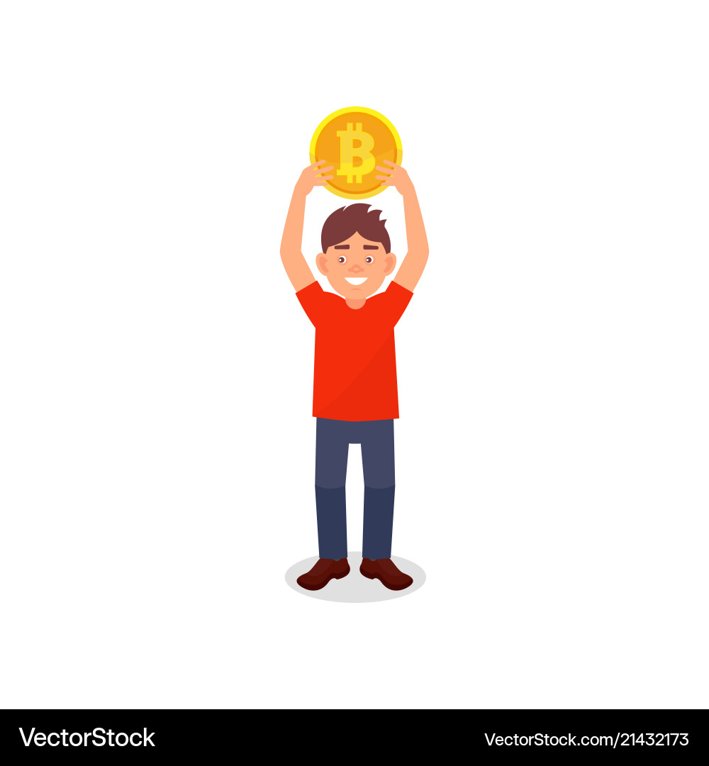 Smiling young man holding big bitcoin coin over Smiling young man holding big bitcoin coin over vector image