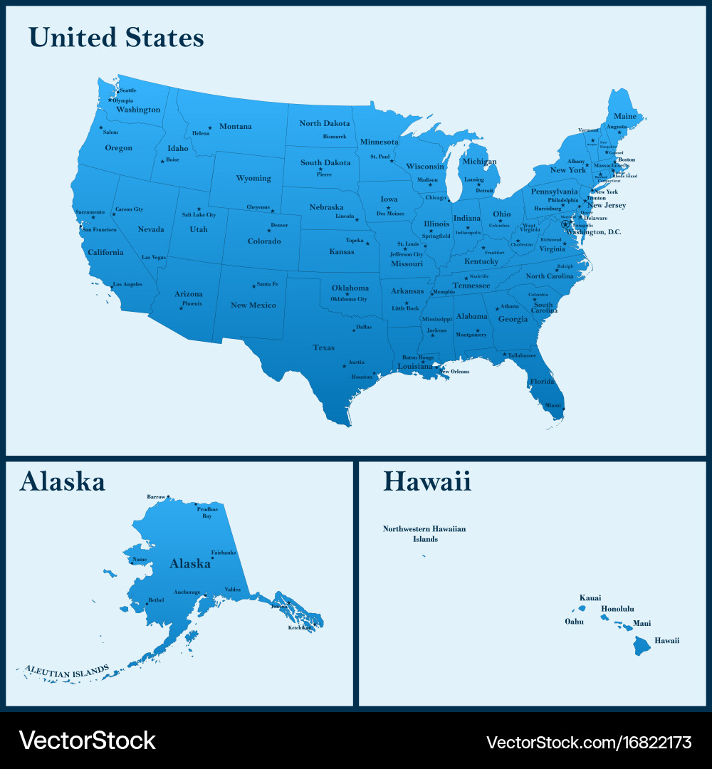 United States Map with Alaska and Hawaii Vector Image