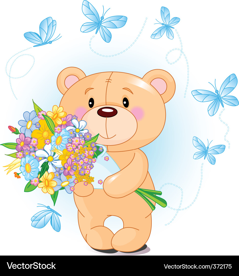 Cute Blue Teddy Bear with Flowers Royalty Free Vector Image