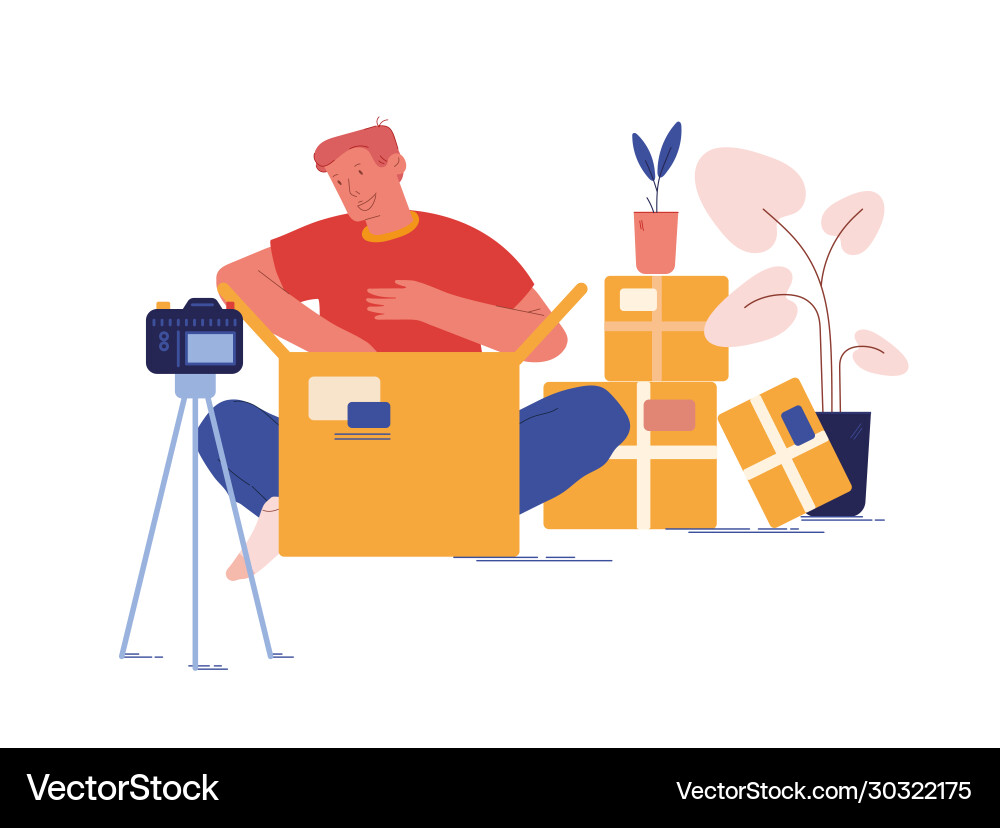 Online Paket entpacken Konzept Blogger vlogger Online Paket entpacken Konzept Blogger vlogger vektorbild