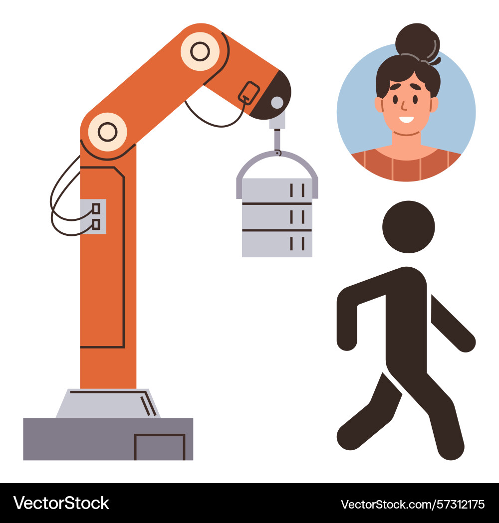 Robotic arm handling objects with human figure Robotic arm handling objects with human figure vector image