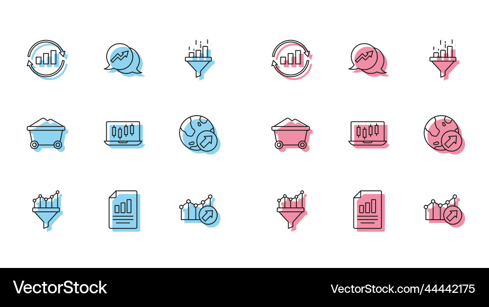 Set line sales funnel with chart document graph Set line sales funnel with chart document graph vector image
