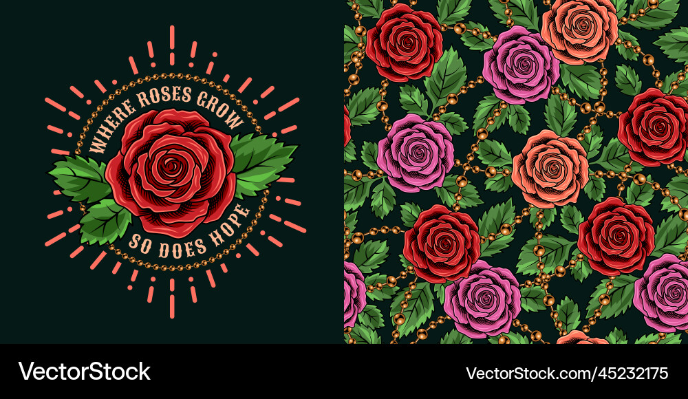 Set of pattern emblem with text roses chains Set of pattern emblem with text roses chains vector image