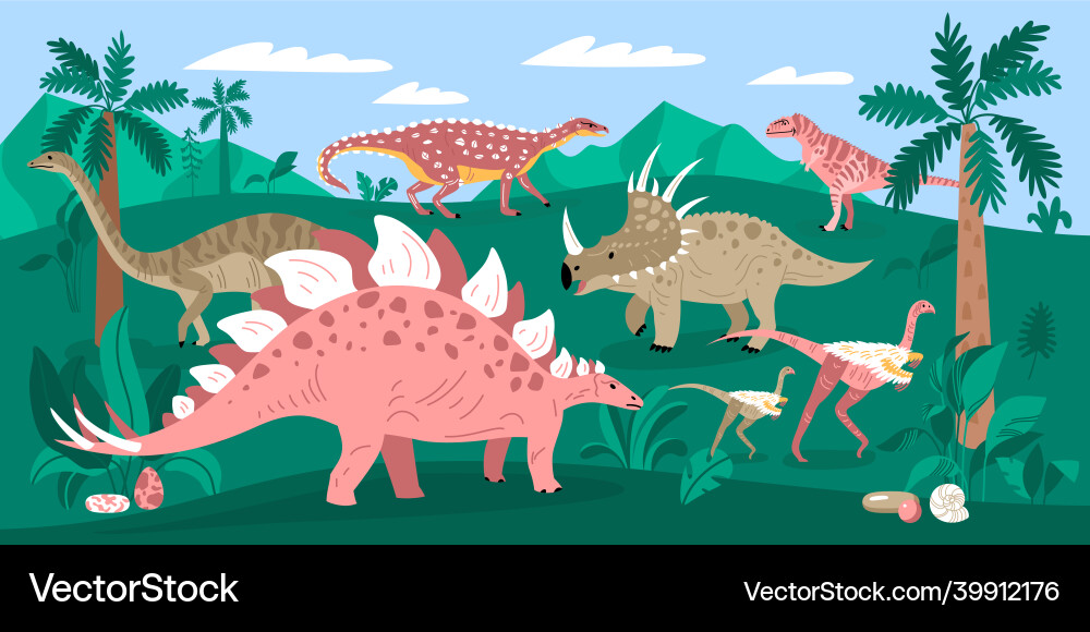 Dinosaurier in Dschungelkomposition Dinosaurier in Dschungelkomposition vektorbild