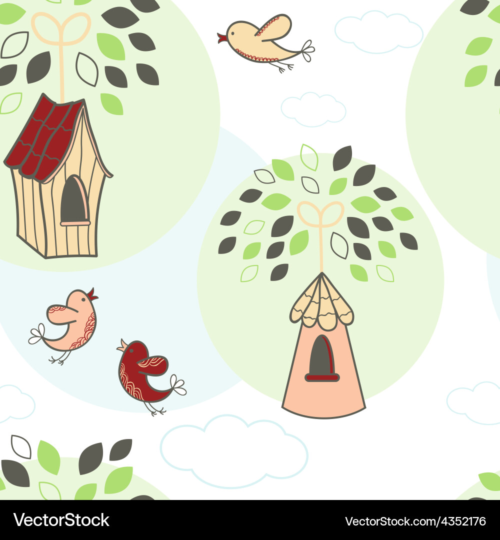 Seamless pattern with trees and birds Vector Image