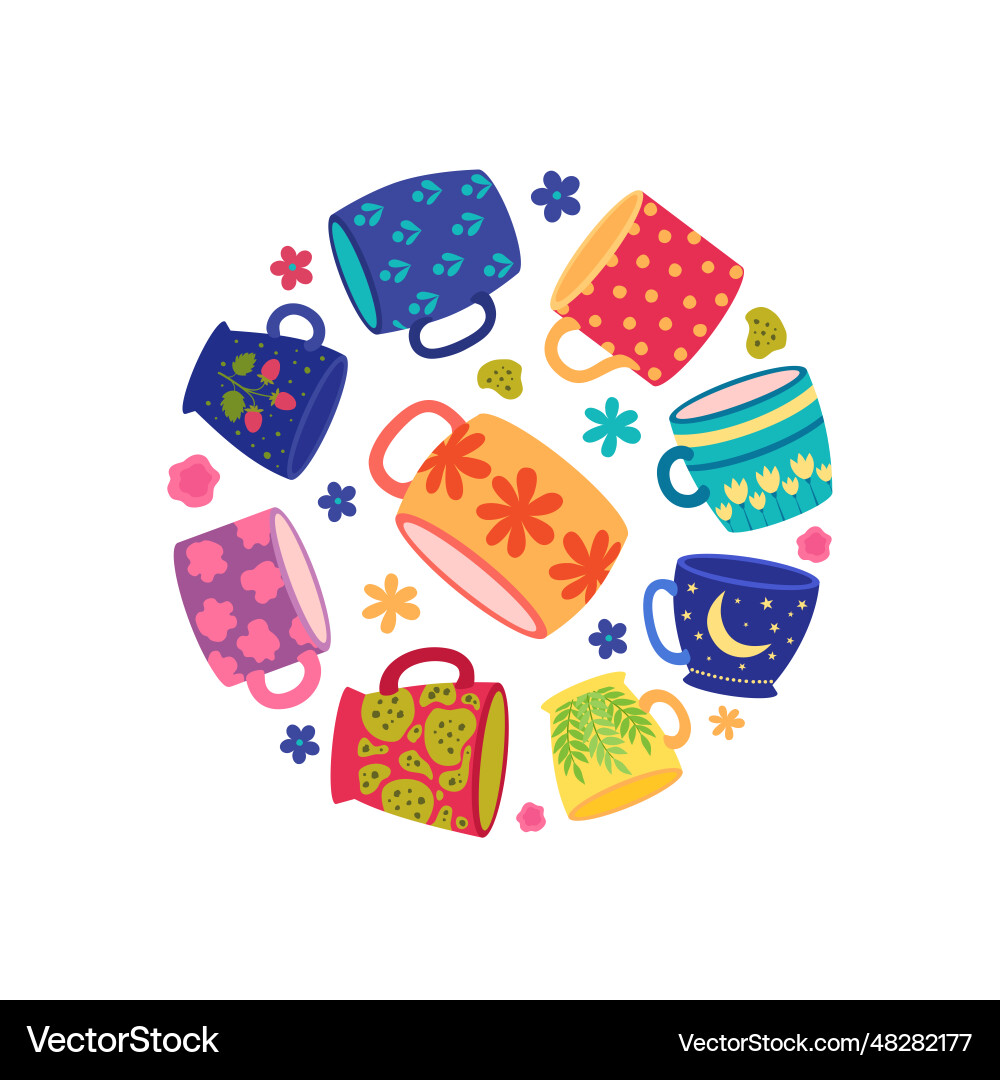 Cups in circle shape round background Cups in circle shape round background vector image