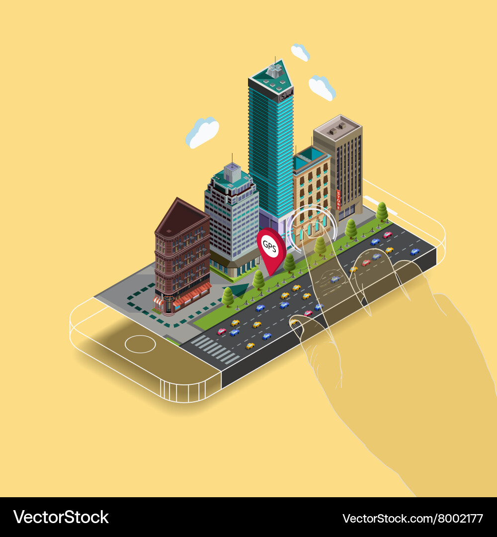 Flat 3d isometric map on mobile gps navigation vector image