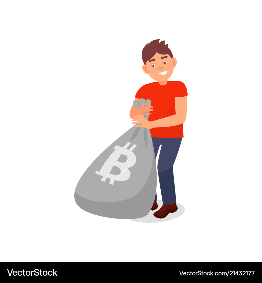 Young smiing man with bag full bitcoins – Royalty-Free Vector | VectorStock