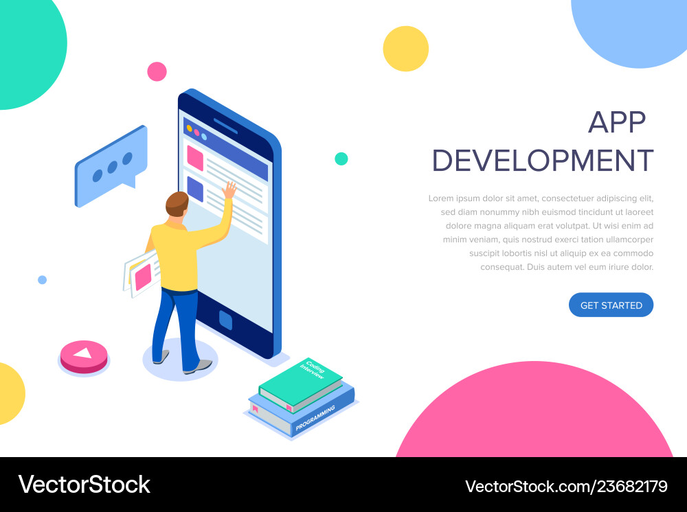 App development isometric businessman using App development isometric businessman using vector image