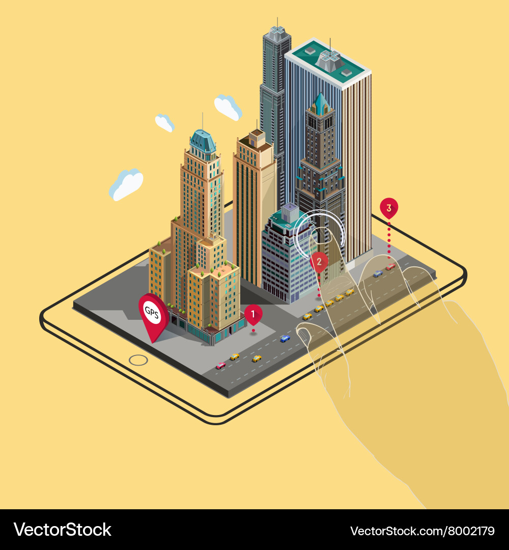 Flat 3d isometric map on tablet gps navigation app vector image