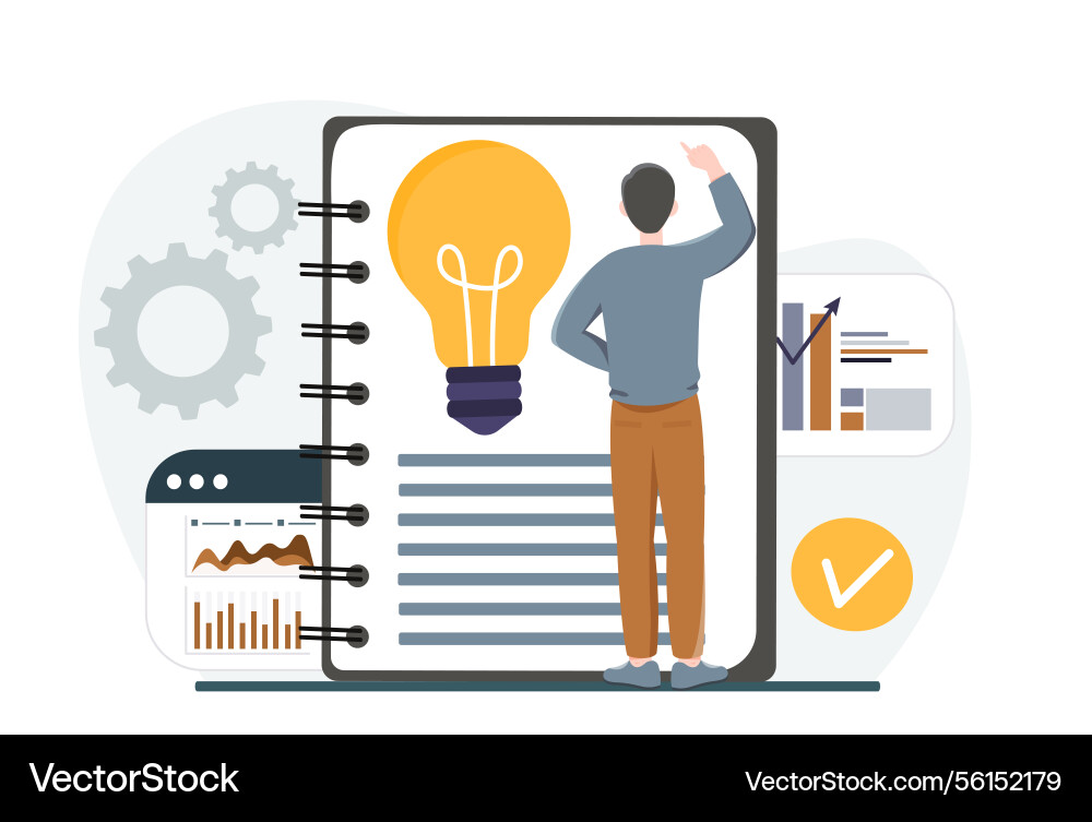Man brainstorming with big notebook idea Vector Image