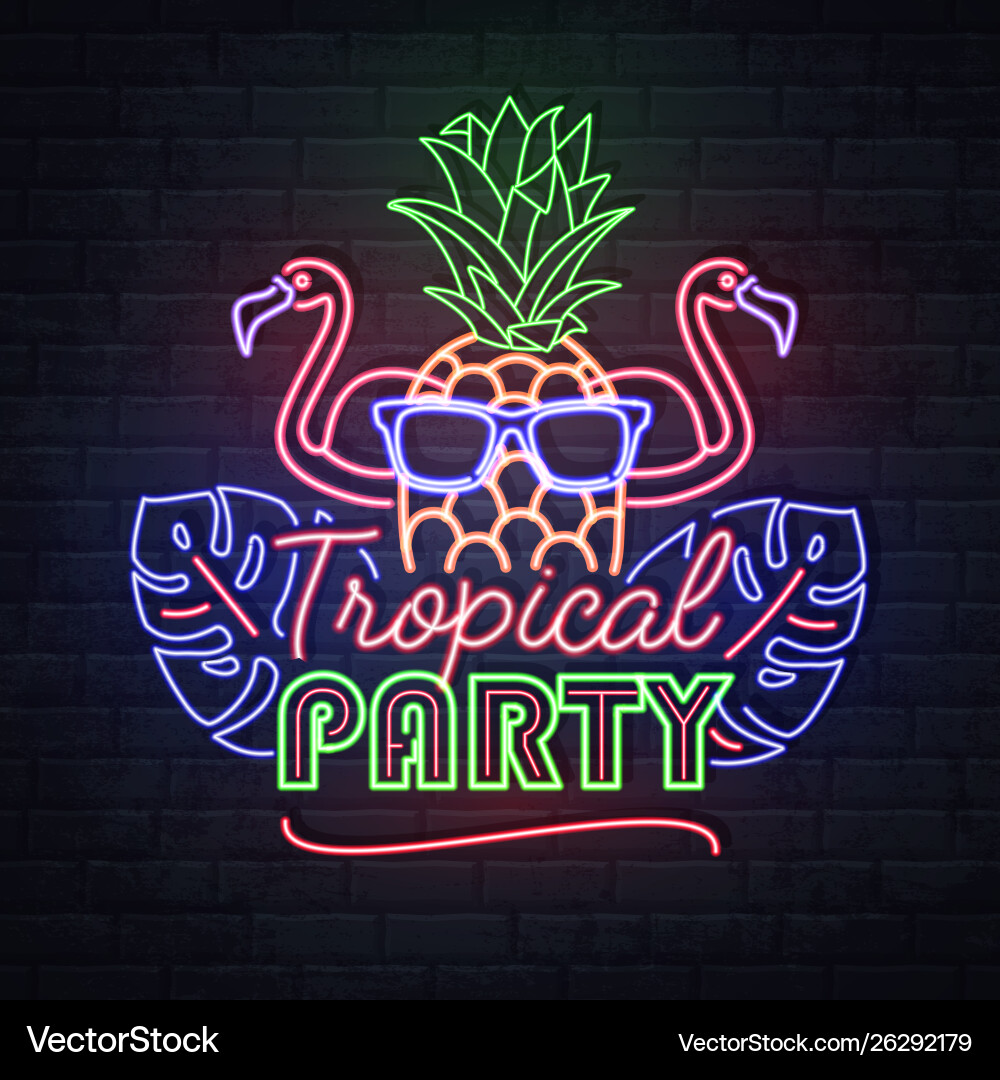 Neon Schild tropische Party mit tropischen Blättern Neon Schild tropische Party mit tropischen Blättern vektorbild