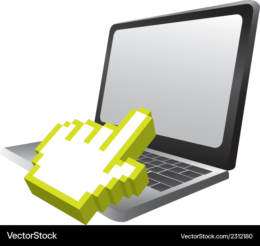 Laptor with 3d cursor hand pointing isolated vector image