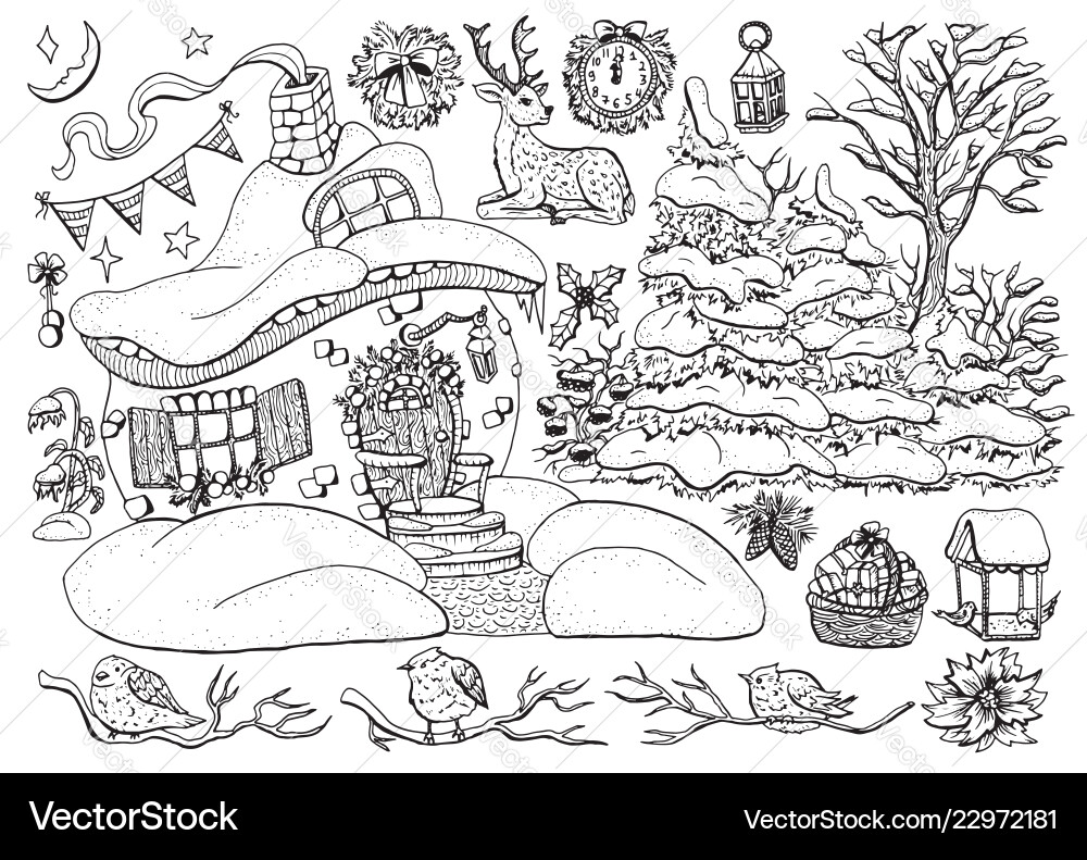 Design set with cittage house and objects 1 Design set with cittage house and objects 1 vector image