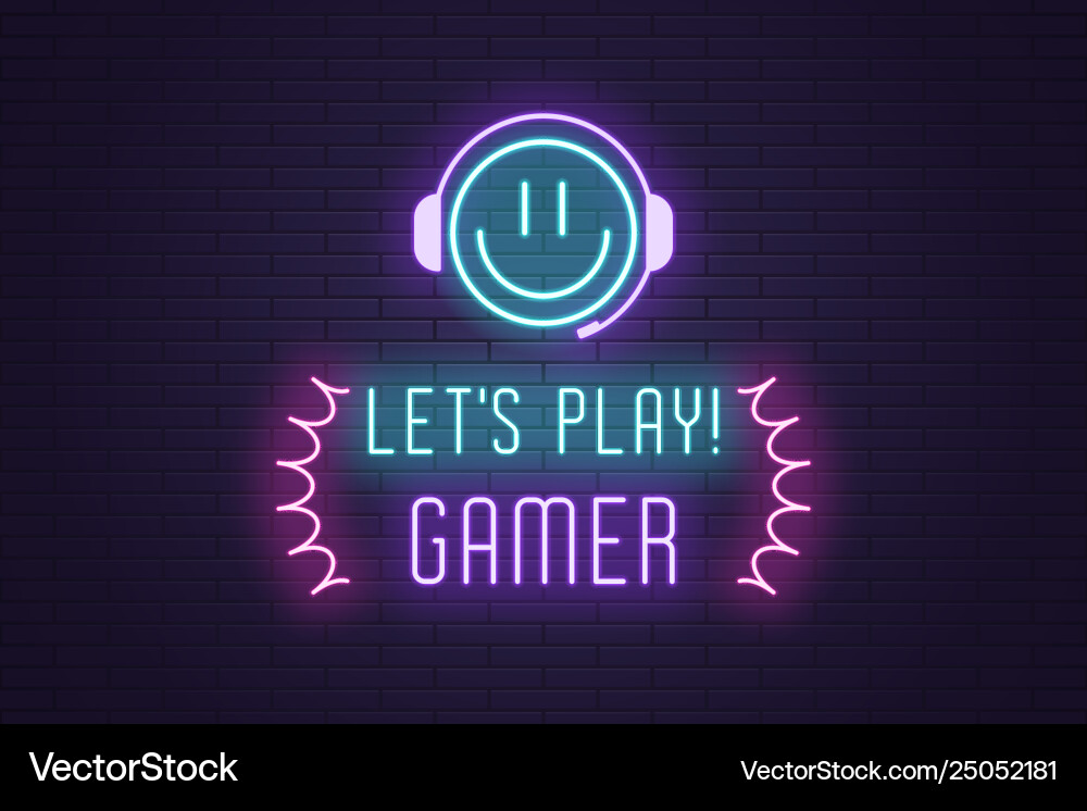 Neon composition headline lets play gamer art Neon composition headline lets play gamer art vector image