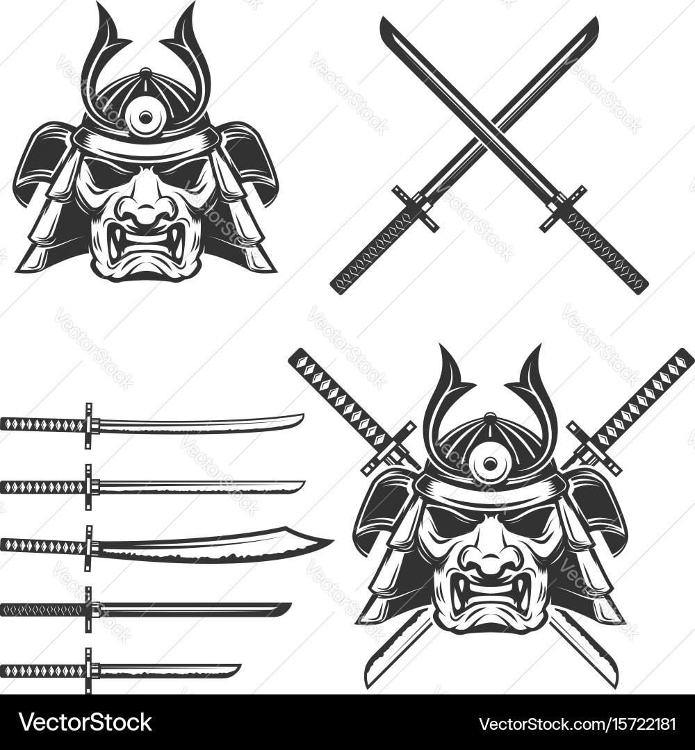 Samurai Mask with Crossed Swords Vector Image