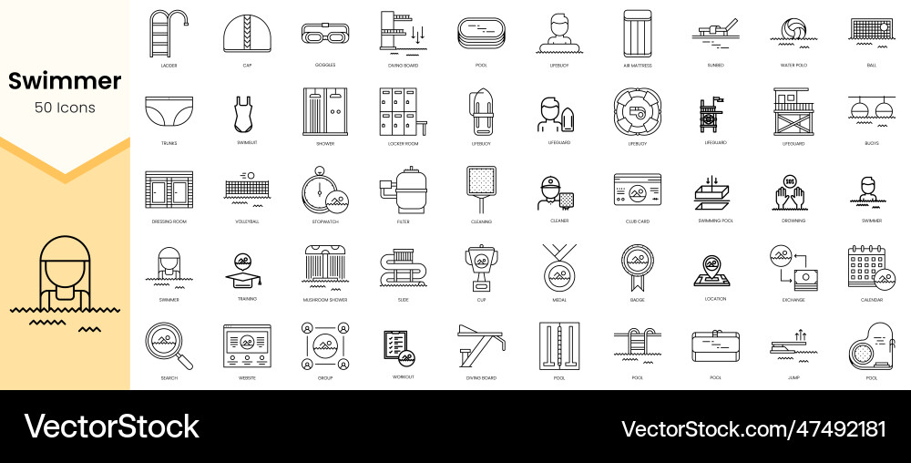 Simple outline set of swimmer icons linear style Simple outline set of swimmer icons linear style Vector Image