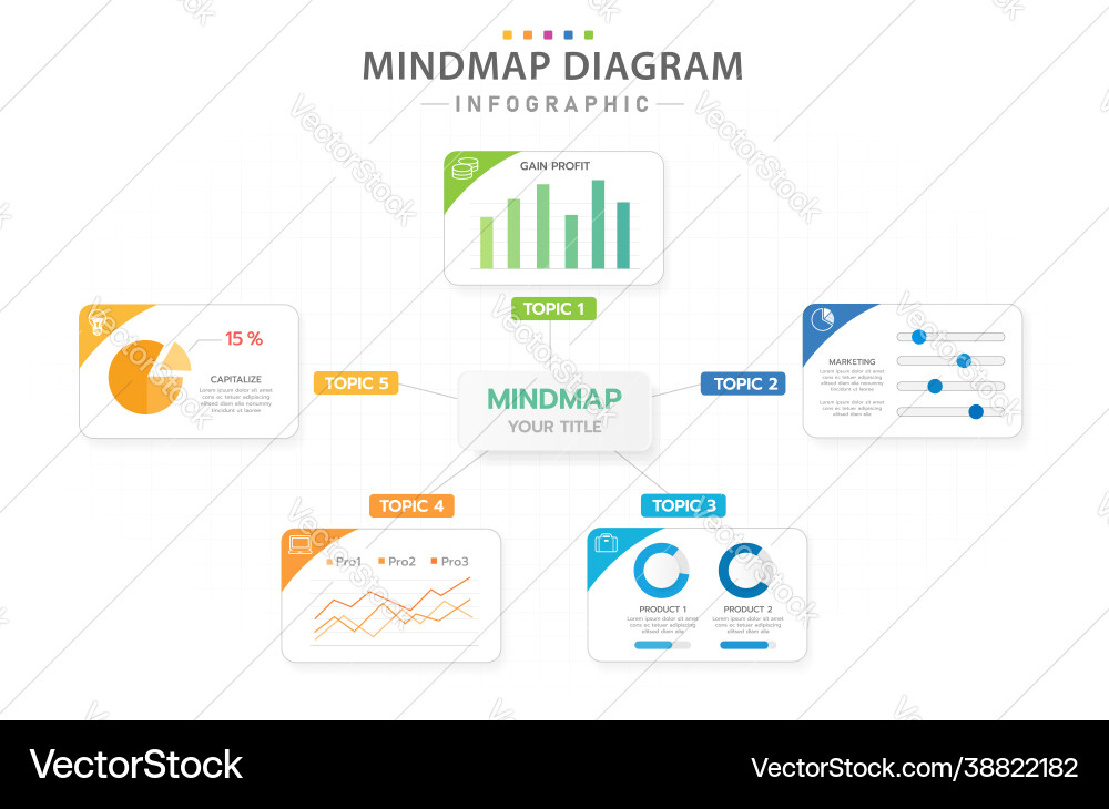 5 Topic Mindmap Diagram with Graphs vector image
