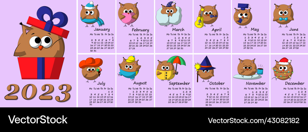 Calendar for 2023 with cute lovery characters owl Calendar for 2023 with cute lovery characters owl vector image