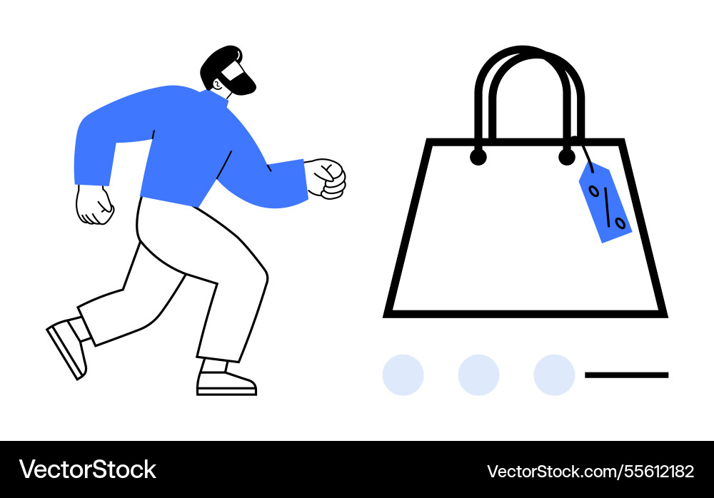 Man running towards shopping bag with price tag Man running towards shopping bag with price tag vector image