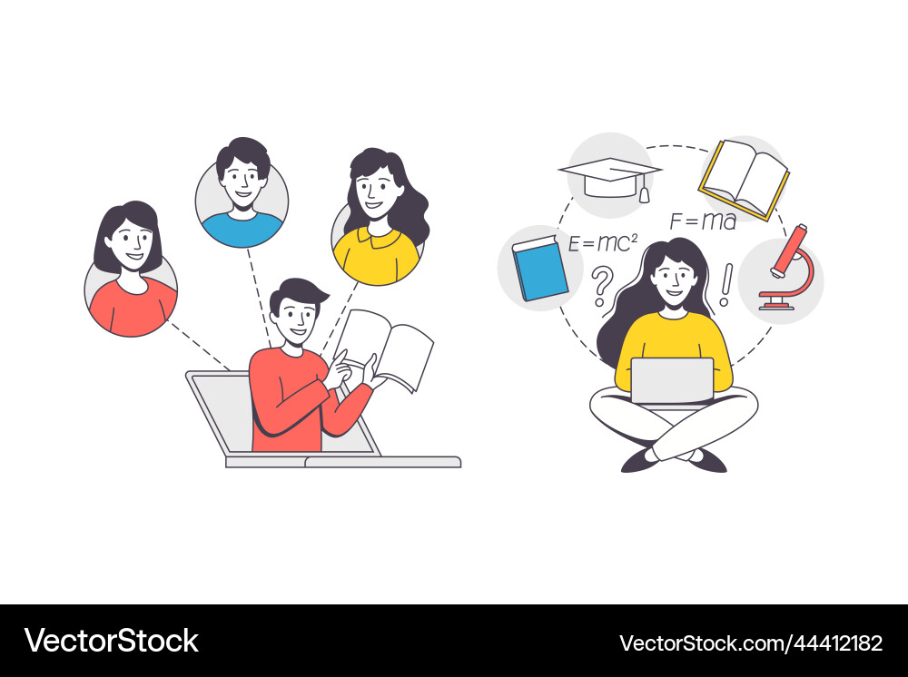Online-Lernen mit Schüler und Lehrer engagiert Online-Lernen mit Schüler und Lehrer engagiert vektorbild