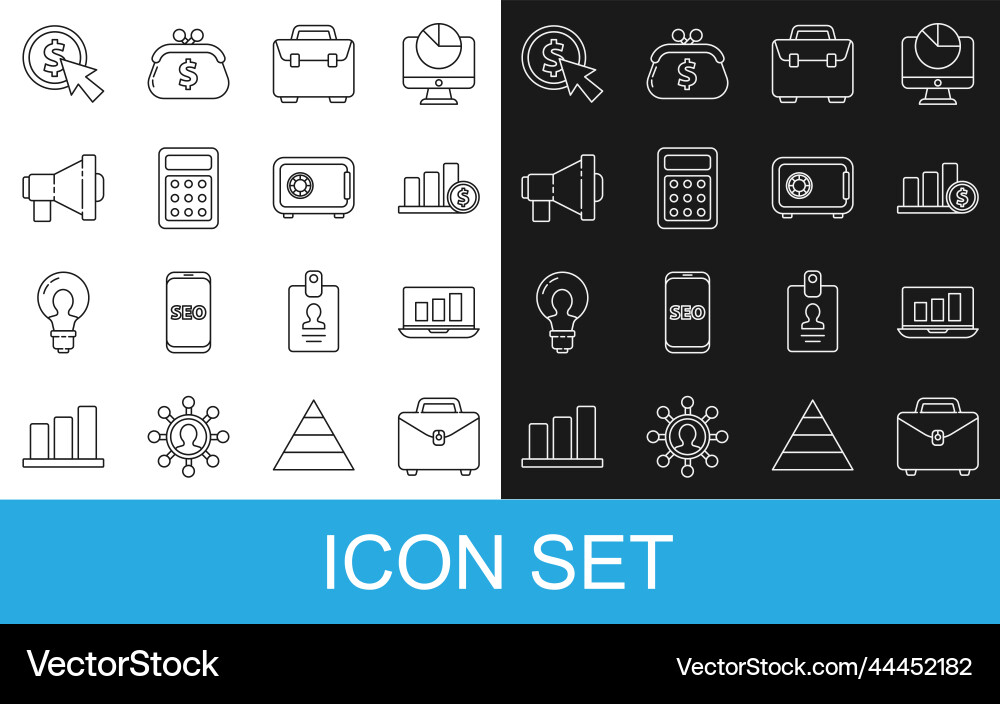 Set line briefcase laptop with graph chart pie Set line briefcase laptop with graph chart pie vector image