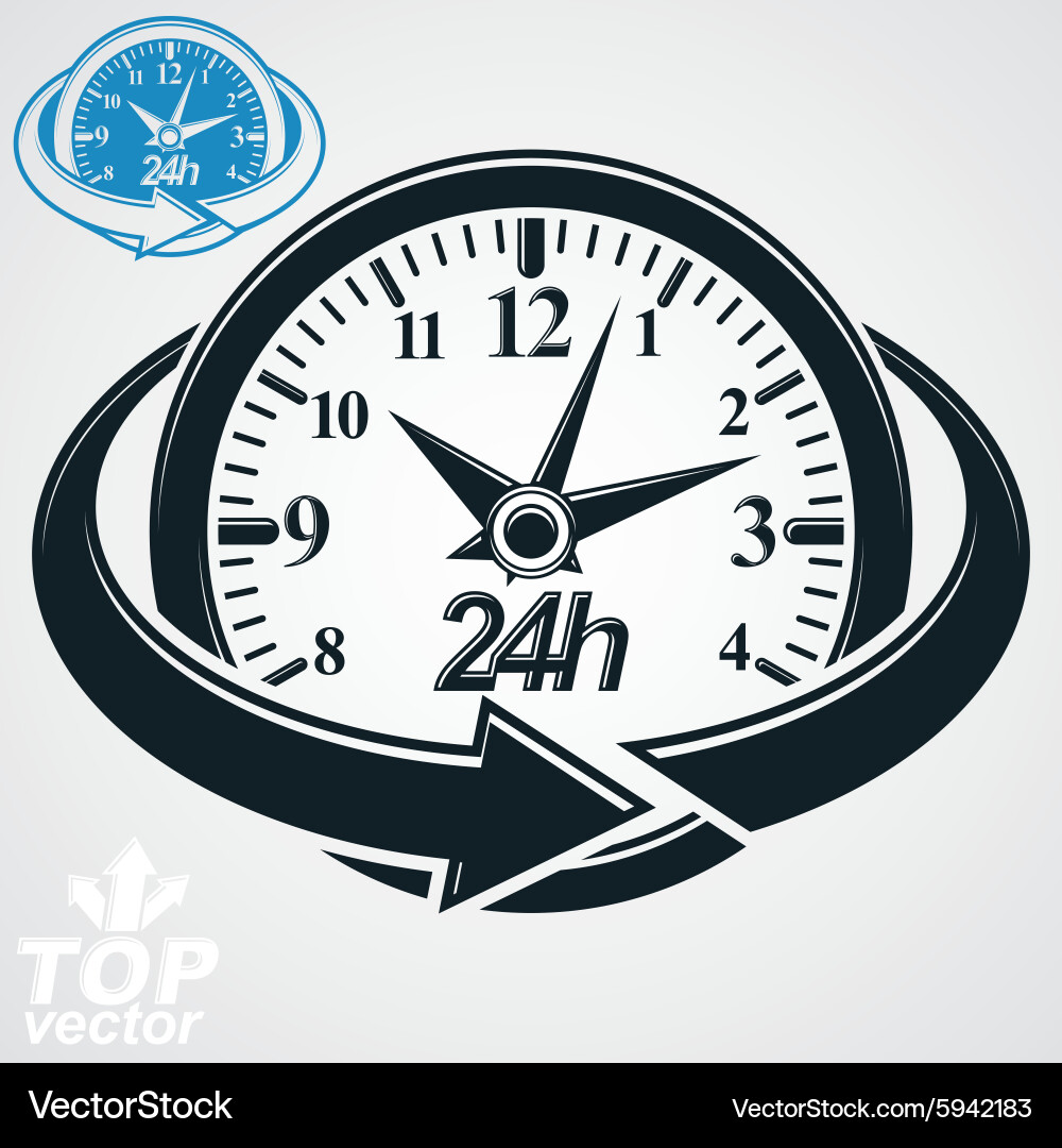 3d round 24 hours clock with arrow around simple vector image
