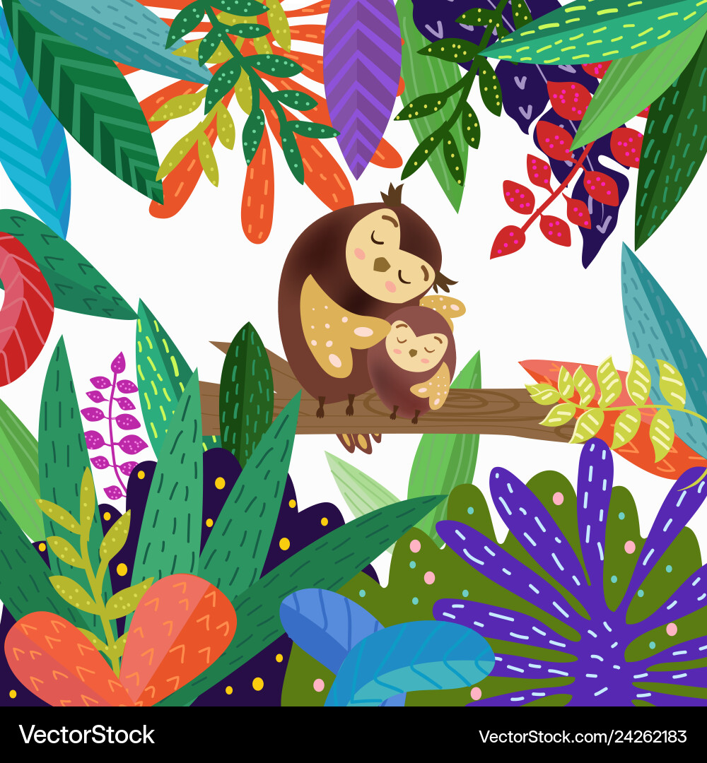 Cute mom and baby owl in colorful forest cartoon Cute mom and baby owl in colorful forest cartoon vector image