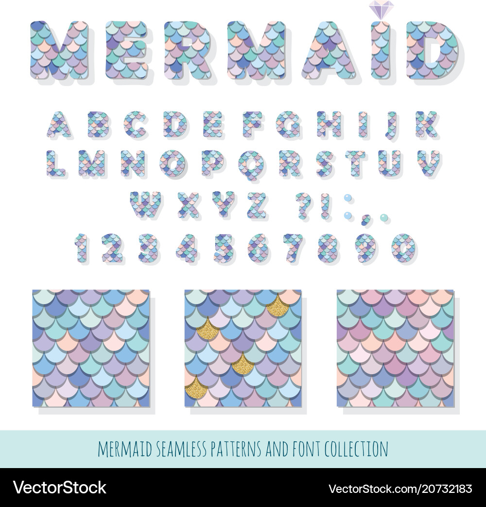 Mermaid Pattern & Font Collection vector image