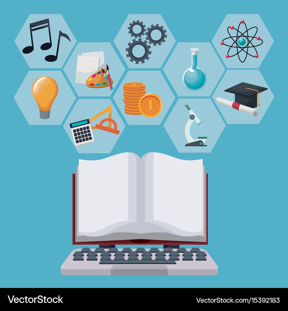 Tech laptop and display open book with gray color vector image