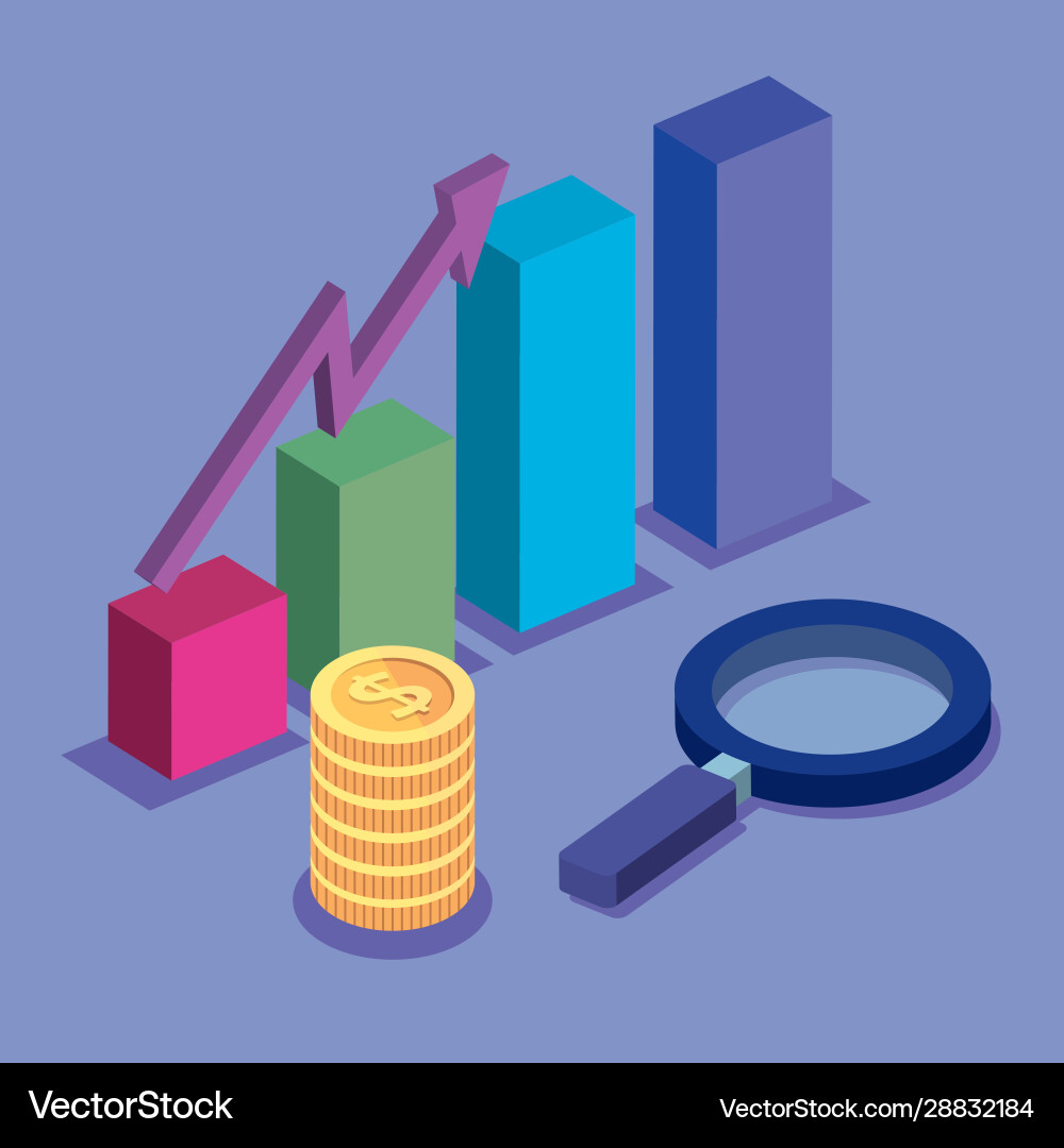 Bars statistical with pile coins and magnifying Bars statistical with pile coins and magnifying vector image