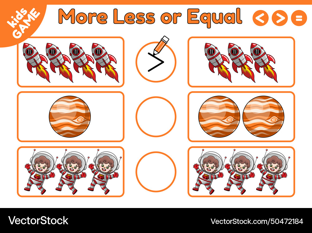 Math game more less or equal with space objects Math game more less or equal with space objects vector image