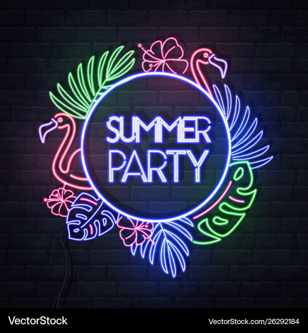 Neon Schild Sommerparty mit tropischen Blättern Neon Schild Sommerparty mit tropischen Blättern vektorbild
