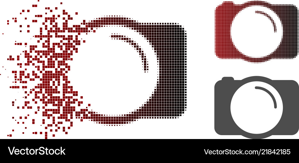 Disintegrating pixelated halftone photo camera vector image