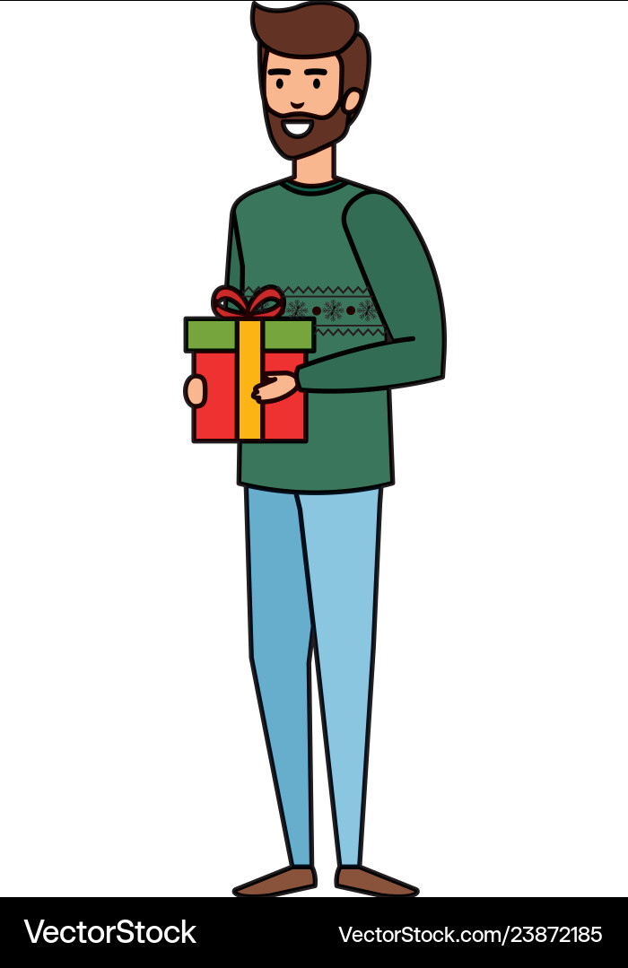 Young man with christmas clothes and gift Young man with christmas clothes and gift vector image