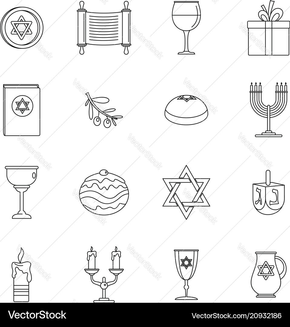 Chanukah jewish holiday icons set outline style Chanukah jewish holiday icons set outline style vector image