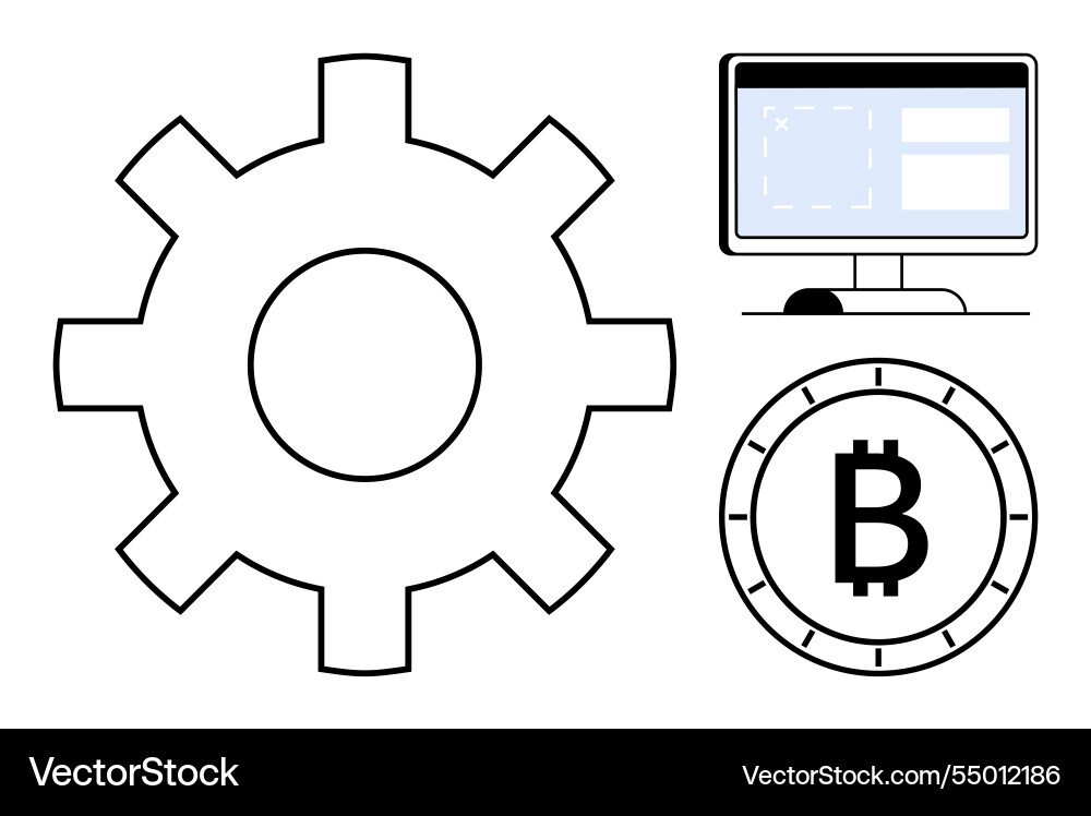 Gear symbol with computer monitor and bitcoin coin Gear symbol with computer monitor and bitcoin coin vector image
