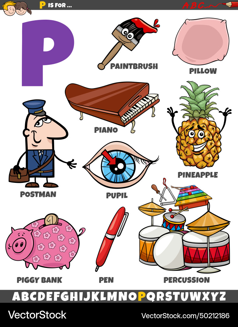 Letter p set with cartoon objects and characters Letter p set with cartoon objects and characters vector image