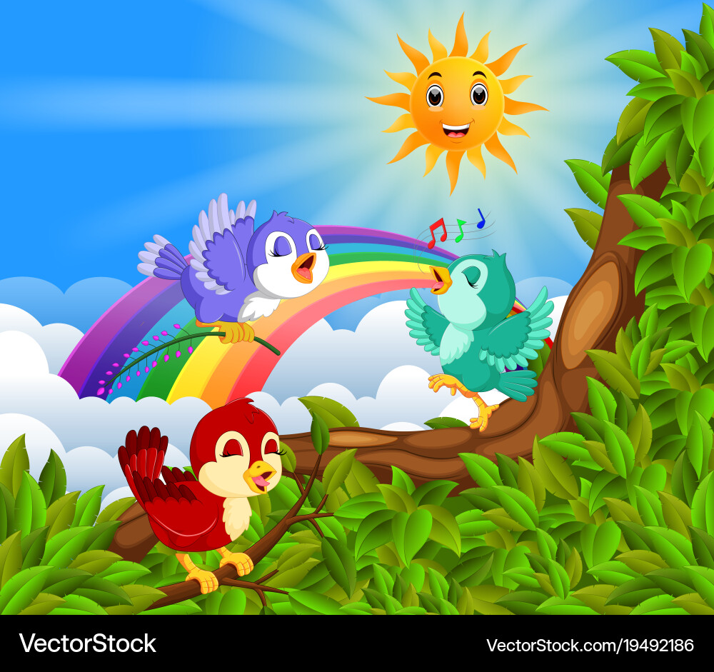 Many bird on the tree branch with rainbow scene vector image