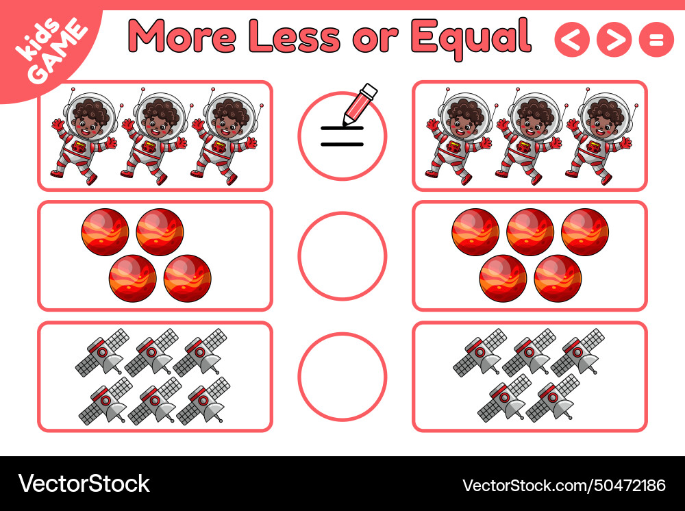 Math game more less or equal with space objects Math game more less or equal with space objects vector image