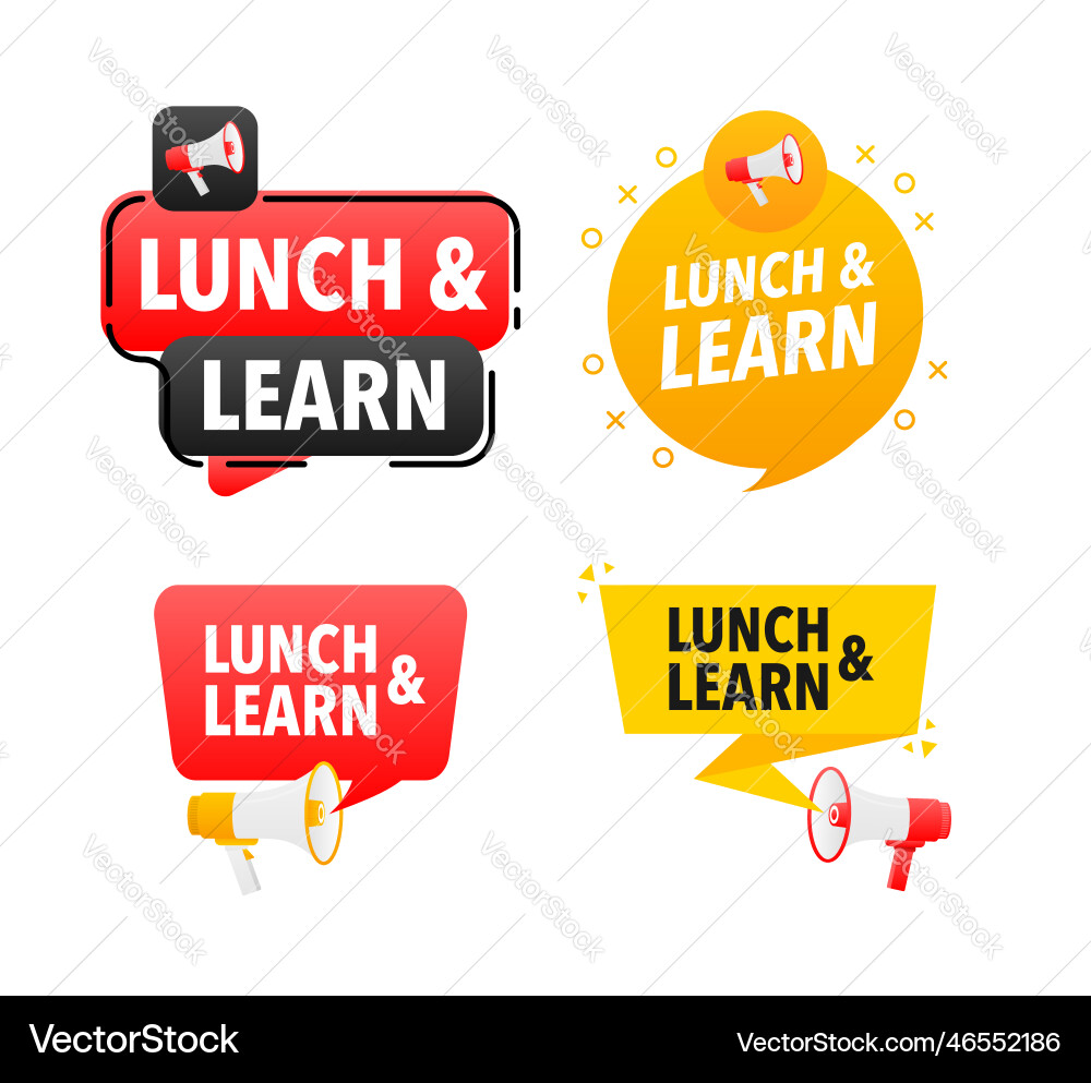 Megaphone label set with text lunch and learn Vector Image