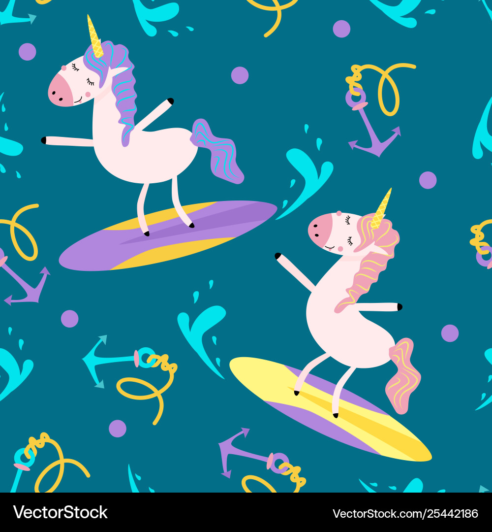 Seamless pattern with a unicorn on surfboard Seamless pattern with a unicorn on surfboard vector image