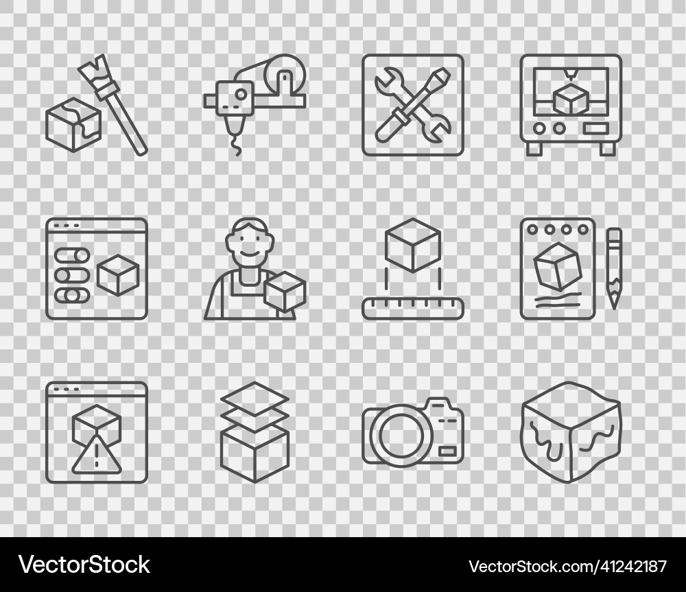 Set line 3d printer isometric cube setting Set line 3d printer isometric cube setting vector image